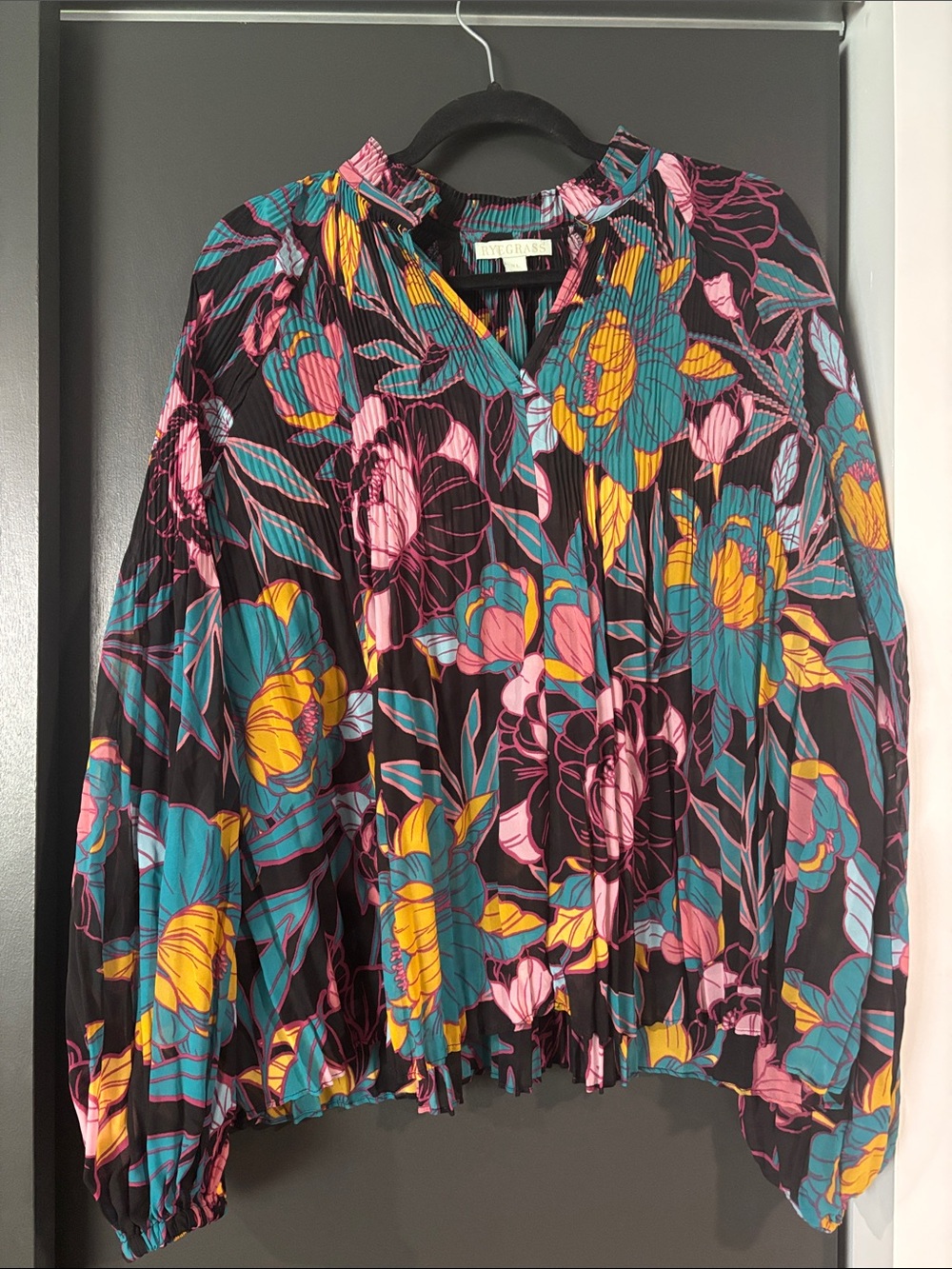 Ryegrass Black Floral Pleated Long-Sleeve Top - Pink, Teal & Yellow Sheer